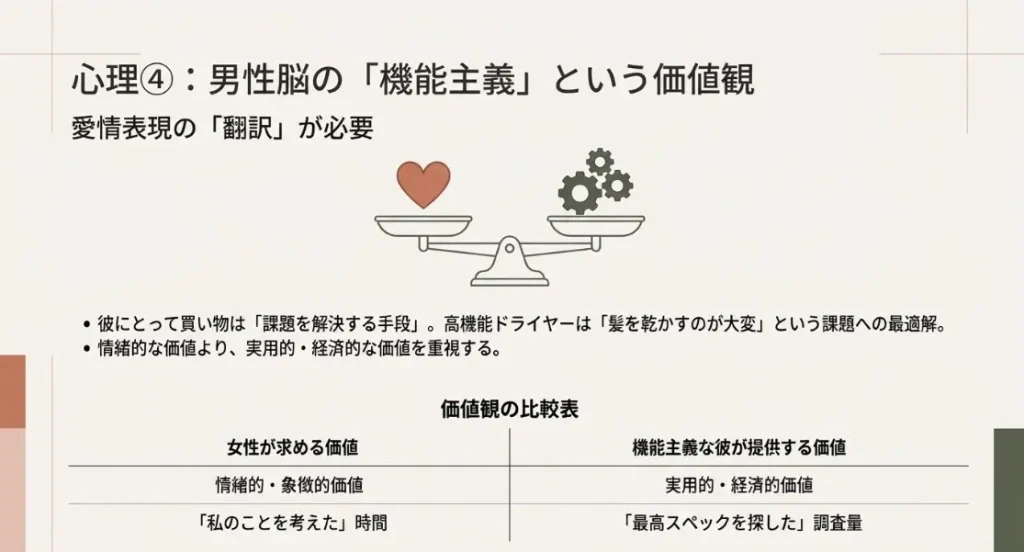 実用性に固執する機能主義な男性脳の心理