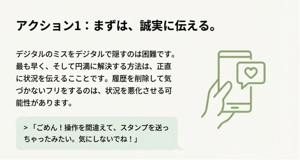ごめんね、操作を間違えて送っちゃった！」と素直に伝えて