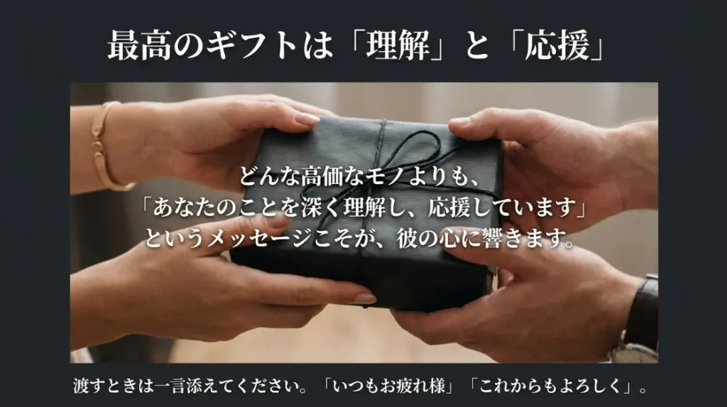プレゼントを渡す際はぜひ、あなたの言葉を添えてあげてくださいね。「いつもお疲れ様」「これからもよろしく」。その一言が、どんな高級なプレゼントよりも、彼の心に「本気」で響くはずですから。