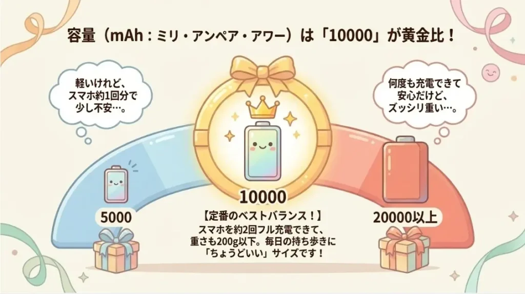 容量mAhミリ・アンペア・アワーは10000が黄金比