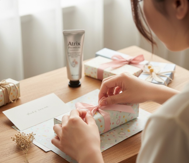 デスクの上でハンドクリームを可愛いラッピング袋に入れてリボンを結び、丁寧にセルフラッピングをしている日本人女性の手元