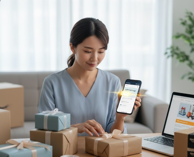 部屋の机に座った女性が、スマホで通販サイトの「ギフト設定」画面を見ながら、プレゼントのラッピングを仕上げている様子。背景にはノートパソコンや段ボール箱が置かれている