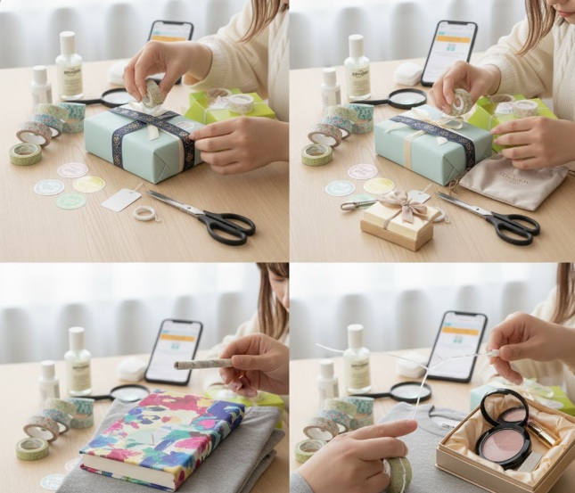 複数の画像で構成されたコラージュ。女性がマスキングテープを使ってプレゼントを装飾したり、本のバーコード部分を隠したり、化粧品の箱を別の袋に入れ替えたりする様子が写っている。