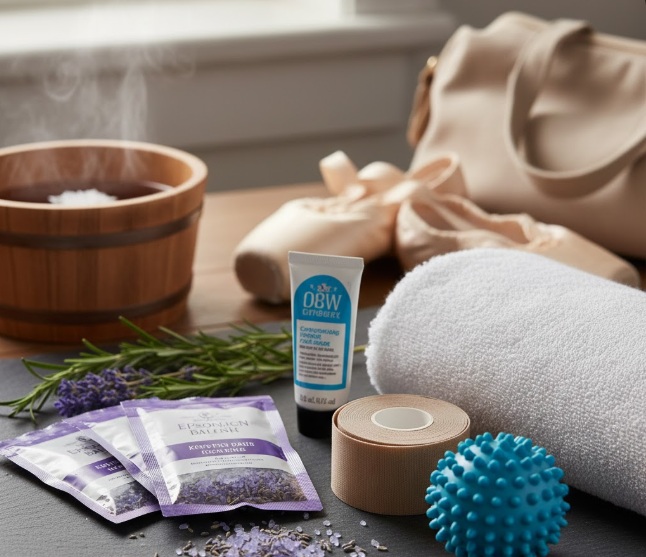 ダンサーのフットケア用品（エプソムソルト、マッサージクリーム、テーピング、マッサージボール、タオル）と足湯、バレエシューズ