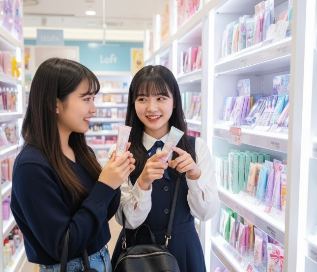 明るいバラエティショップの店内で、カラフルで可愛いパッケージのハンドクリームを手に取り楽しそうに選んでいる女子高校生たち