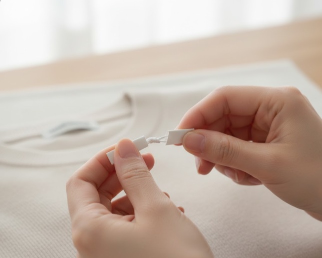 女性の手が、白い洋服のタグについているプラスチックのループをねじり、ハサミを使わずに切ろうとしているクローズアップ