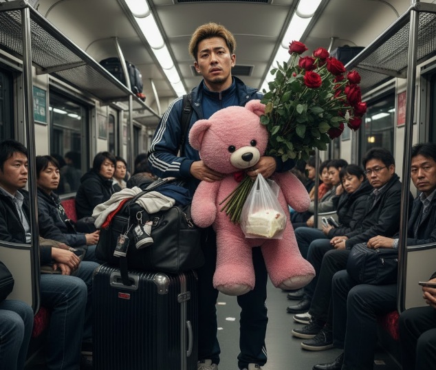 発表会帰り、満員電車で大きなプレゼントを抱え、困り顔の日本人男性ダンサー