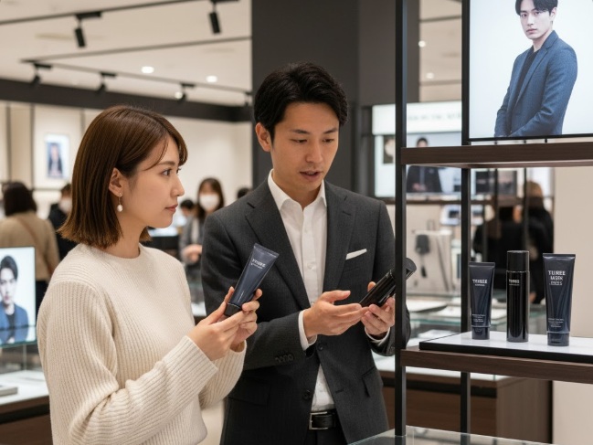 百貨店のシックなメンズコスメ売り場で、男性へのプレゼント用にシンプルなハンドクリームを選んでいる日本人女性