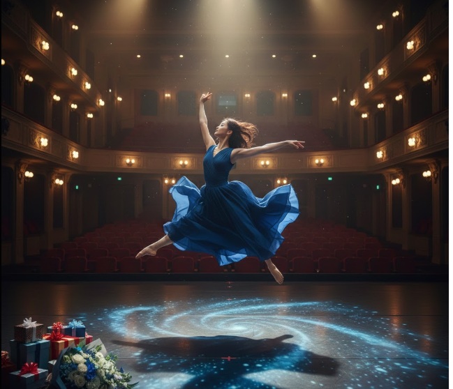 発表会で華麗に舞う日本人女性ダンサーと、ステージ脇に置かれたプレゼントや花束。