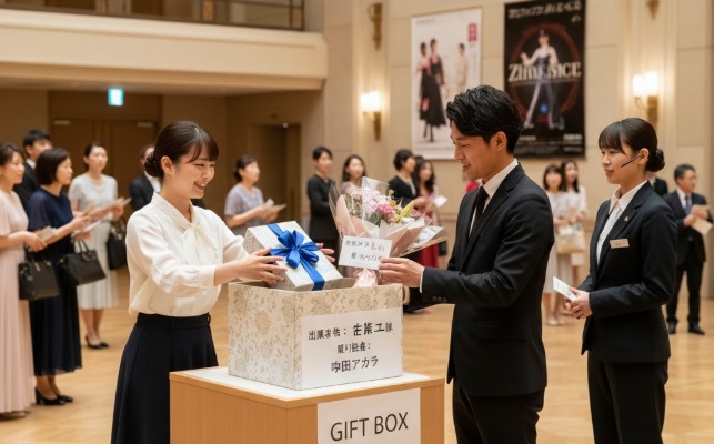 発表会会場の受付でプレゼントボックスにプレゼントを預ける日本人観客と対応するスタッフ