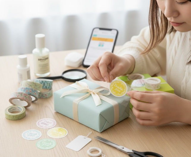 部屋の机の上で、女性がプレゼントに貼られた値札を隠すために、マスキングテープやシールを使ってラッピングしている様子。