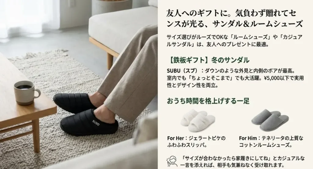友人へのプレゼントに人気のサンダルや室内用の靴