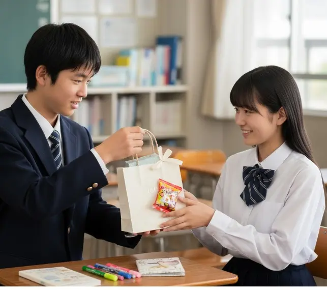 男子から女子への贈り物は実用的な文房具かお菓子が安全