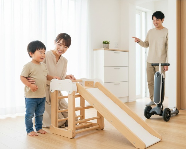 長く使える折りたたみ式の室内遊具や三輪車
