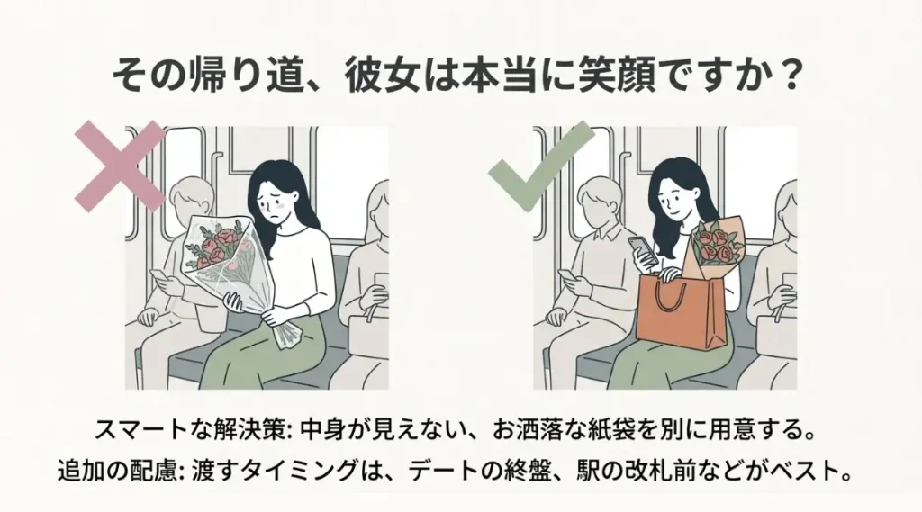 電車移動を考慮した花をプレゼントする男の持ち帰り対策