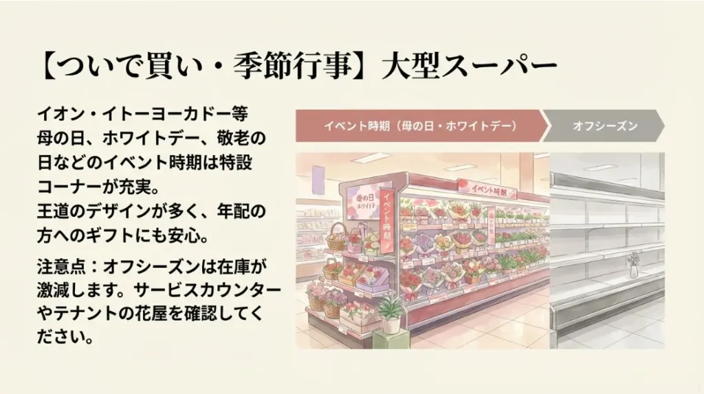 イオンやスーパーの売り場は母の日などの催事期が狙い目