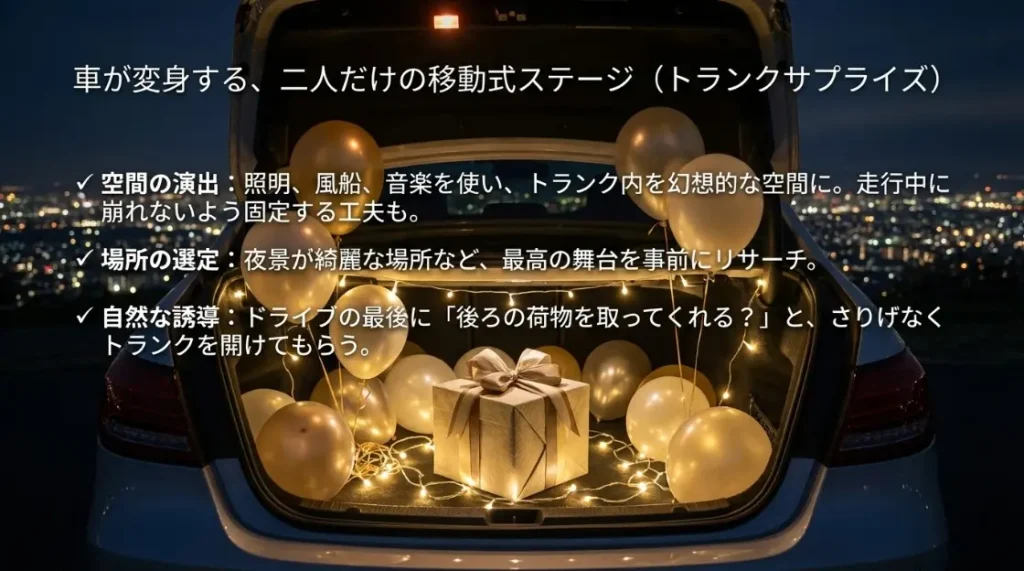 車のトランクサプライズを成功させる準備の手順