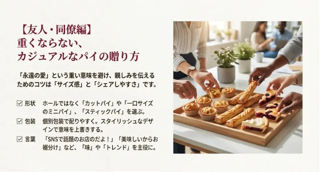 友達や同僚へパイを贈る際の重くならないコツ