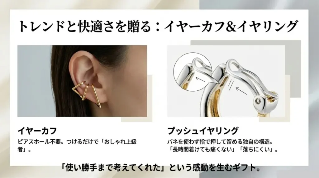 サイズを問わないイヤーカフやプッシュイヤリング