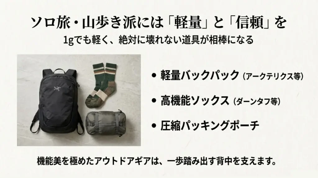 ソロ旅や山歩きを支えるタフで軽量なアイテム