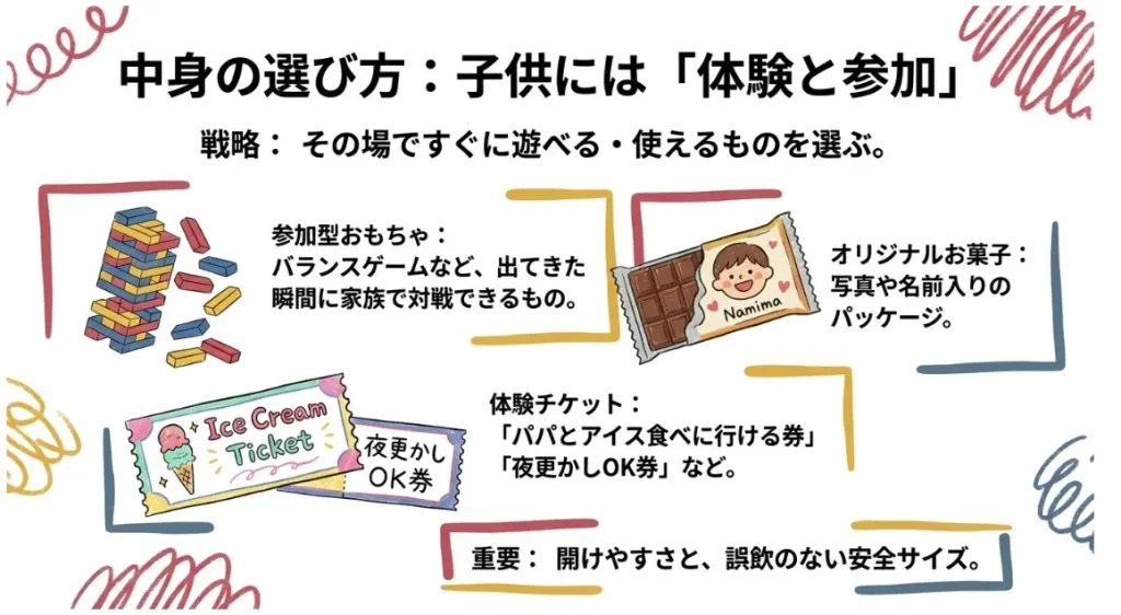 子供向けにはお菓子や参加型アイテムが効果的