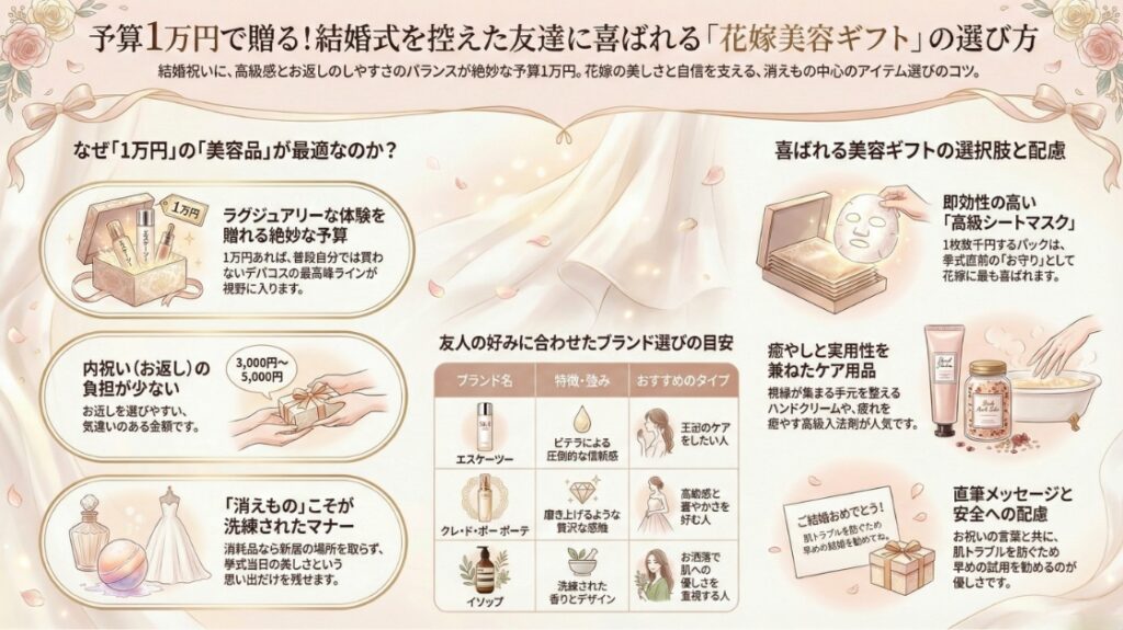 結婚式を控えた友達への美容プレゼントを予算1万円でお返しも安心