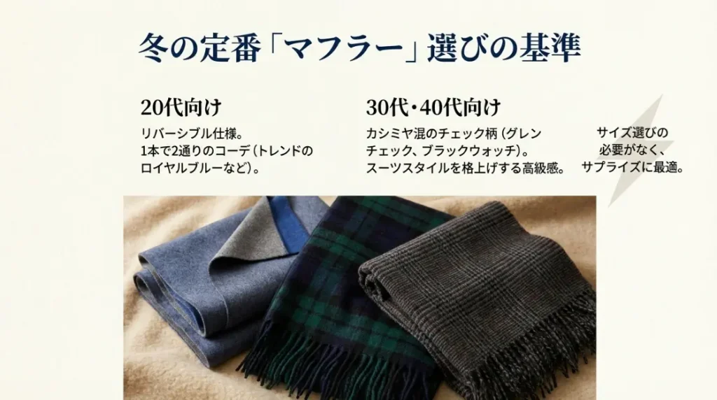 冬の定番アイテムであるマフラーの年齢別選定基準