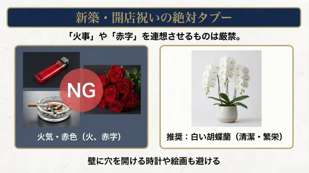 開店祝いや新築祝いで赤色や火を連想する品は厳禁