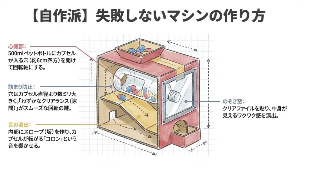自作の段ボール製マシンで手作り感溢れる演出を