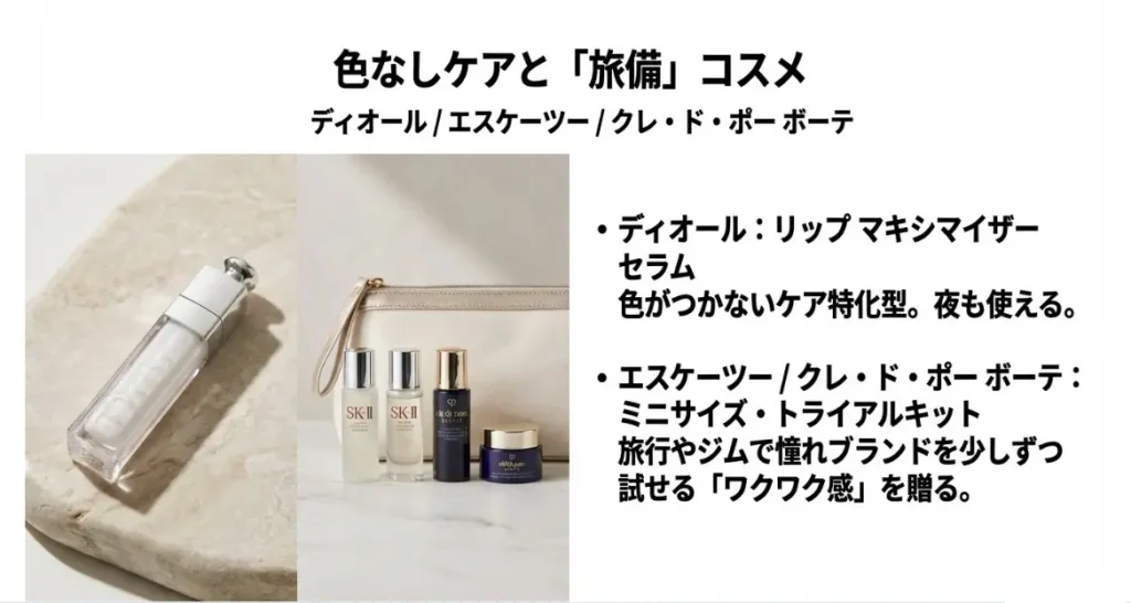旅備コスメやリップマキシマイザーなど汎用性の高い品