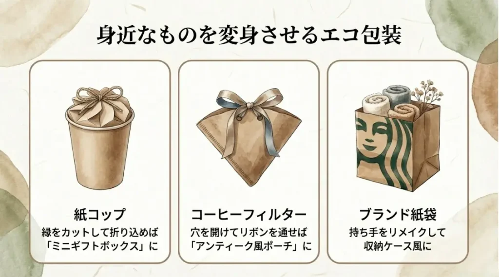 紙コップやコーヒーフィルターを再利用するエコ包装