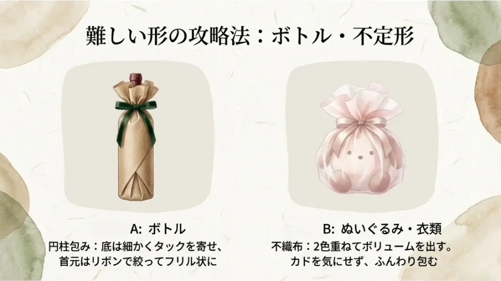 ボトルや球体など不定形な品物も美しく包むテクニック