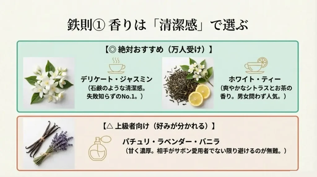 デリケートジャスミンなど万人受けする香りの選定