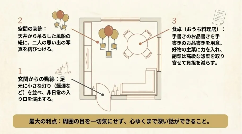 自宅でまったり過ごす手作りの装飾とディナー