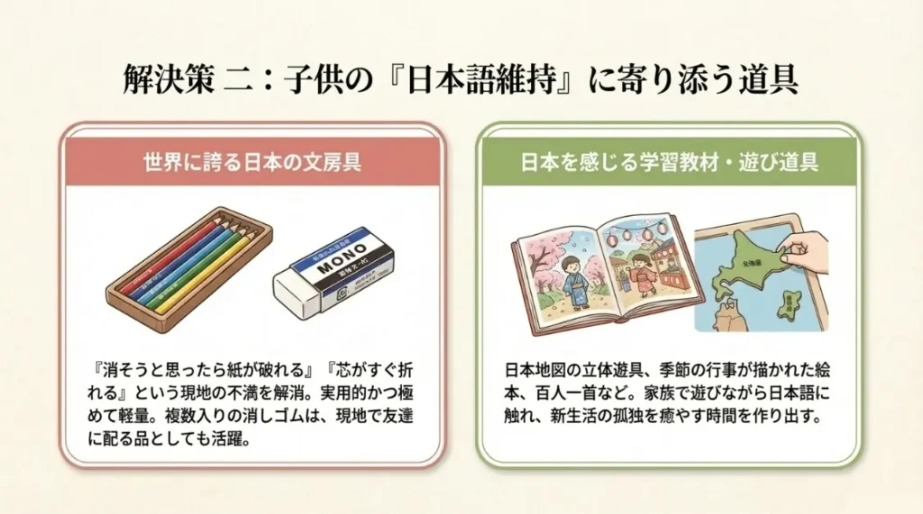 子供の日本語維持を助ける文房具や学習教材