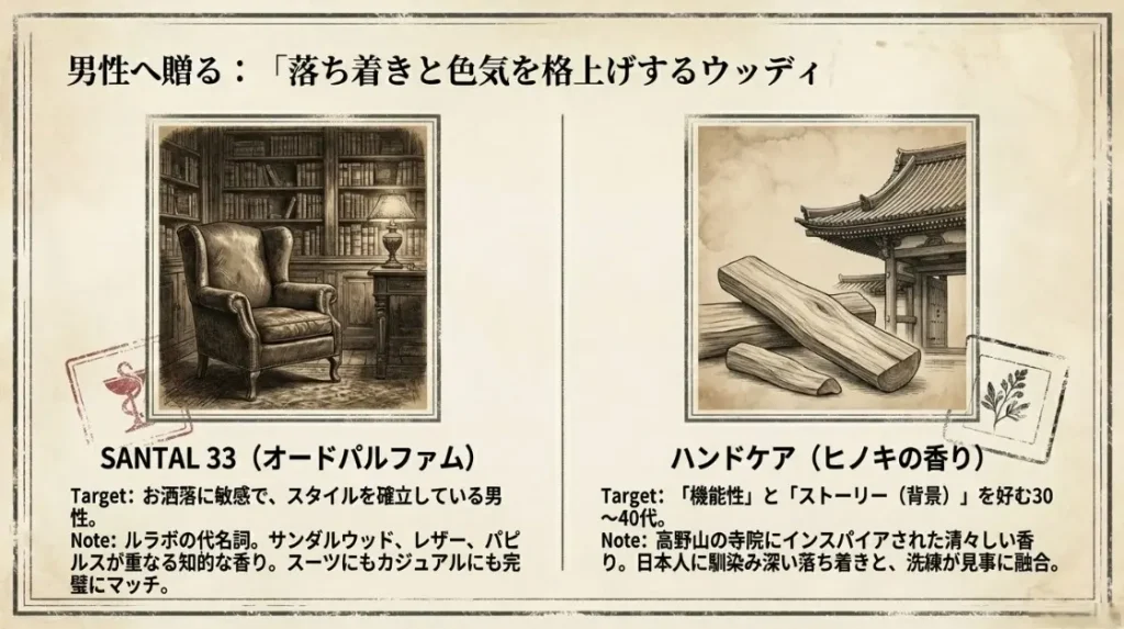 メンズに似合うサンタル33などのウッディ系