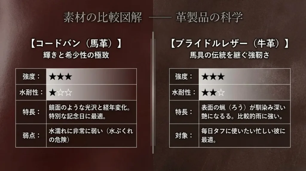 「一生もの」の革素材：コードバンとブライドルレザーの科学