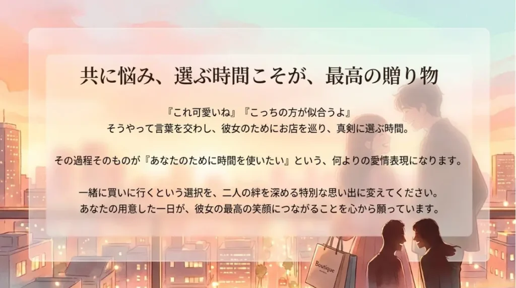 共に悩み、共に選び、共に手に入れる。その時間こそが、品物を手渡す以上の深い相互理解と信頼を二人にもたらしてくれます