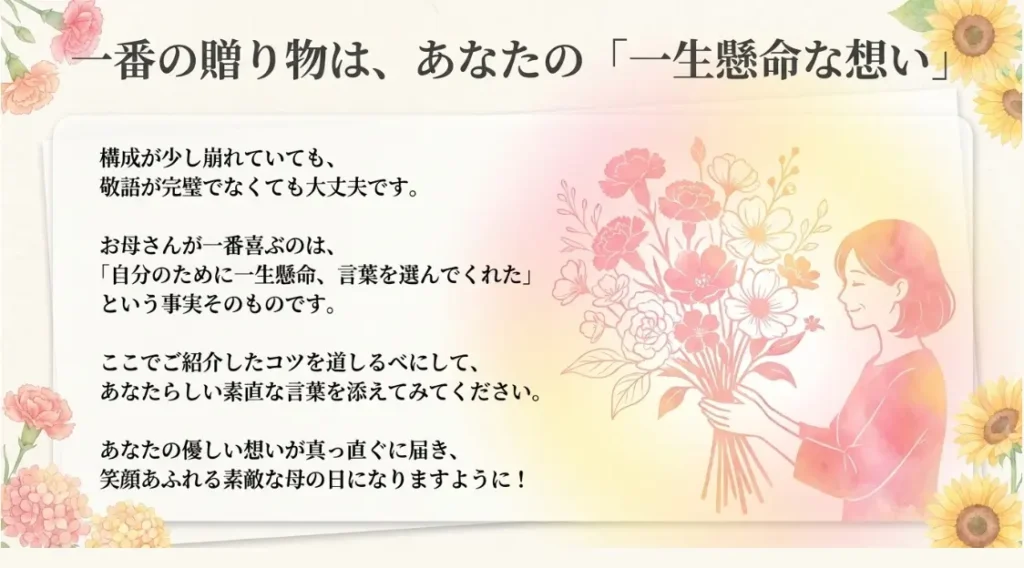 母の日に喜ばれるメッセージカードの書き方や例文集の総括