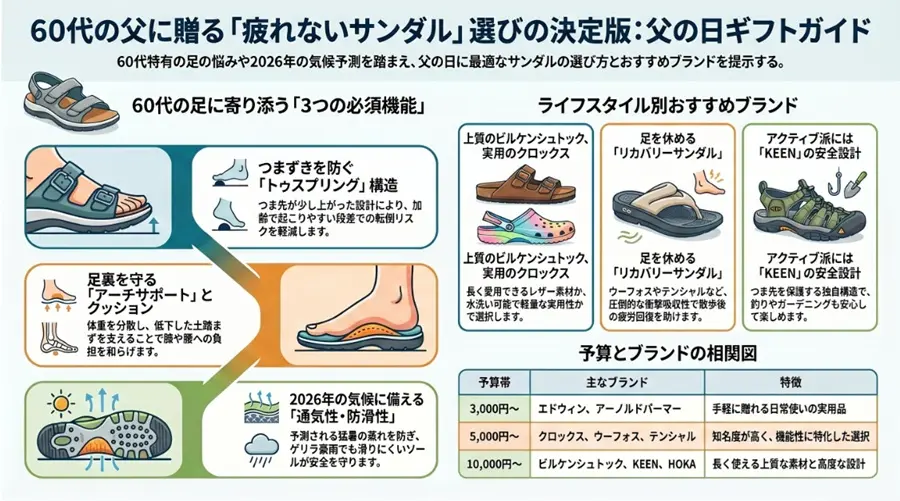 父の日に60代向けサンダルをプレゼント|疲れない人気ブランドまとめ