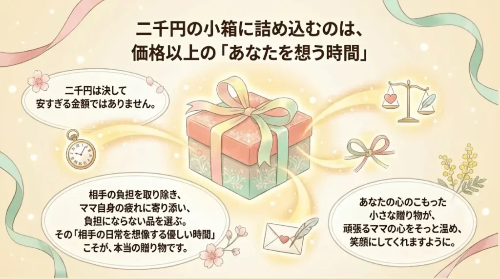 出産祝いのママ用プチギフト2000円という予算は決して安すぎる金額ではなく、むしろ相手に気を遣わせない、最も心地よい配慮