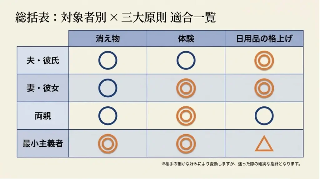 プレゼントの欲しいものがない人にも喜ばれる厳選ギフトのまとめ表