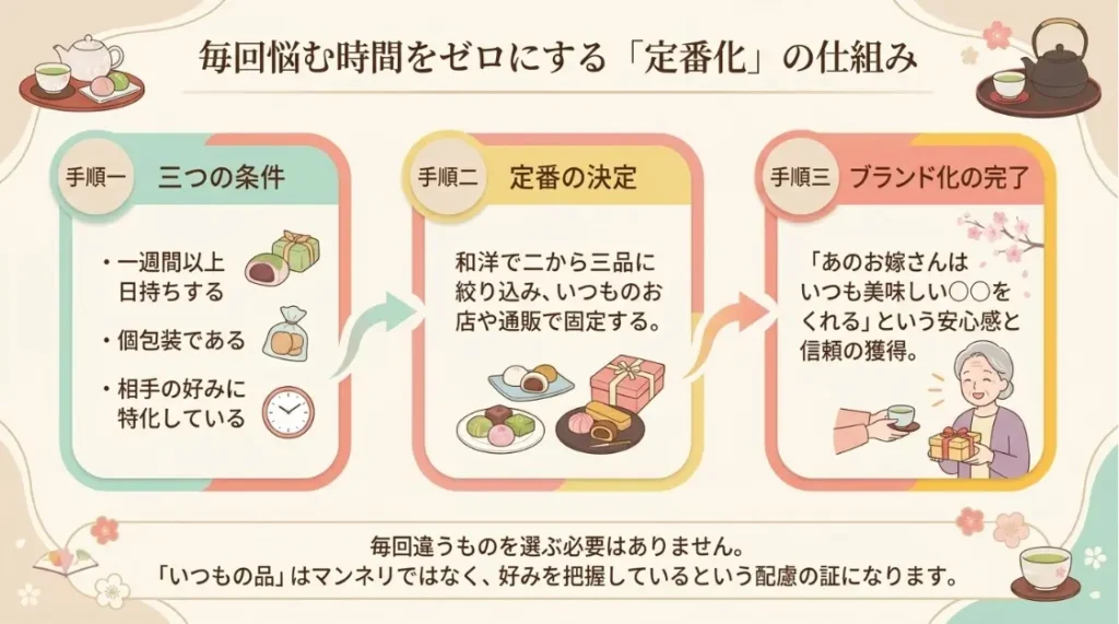 毎回悩まないための定番お菓子や日持ちする品の選び方