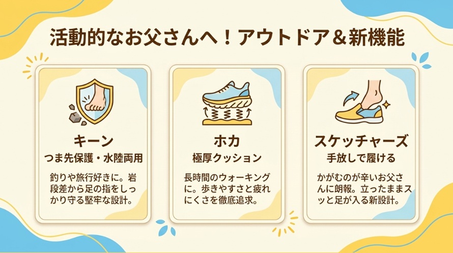 アウトドア派に人気のキーンやホカの履きやすいモデル