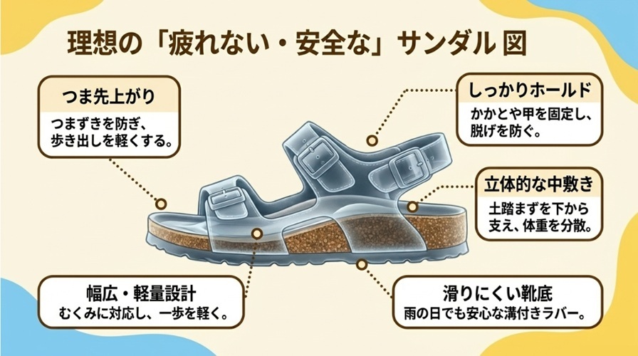 疲れない設計のサンダルが備える3つの要素