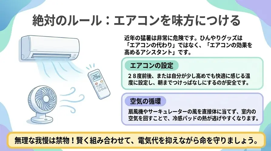 エアコンを我慢しないこと。冷感グッズはエアコンの代わりではなく、エアコンの効果を補助して電気代を抑えながら快眠を実現するためのツール