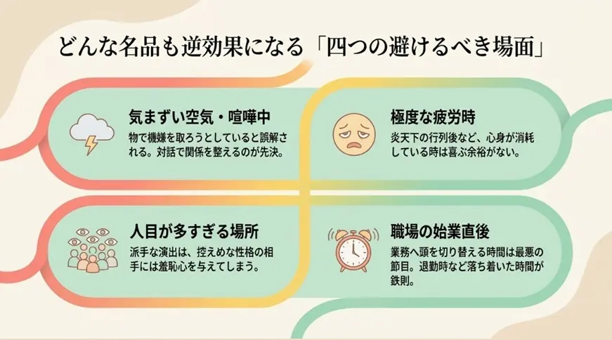会ってすぐを避けたい場面