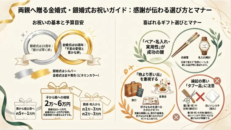 両親へ贈る金婚式・銀婚式ギフト|喜ばれる選び方を相場とマナーからやさしく解説